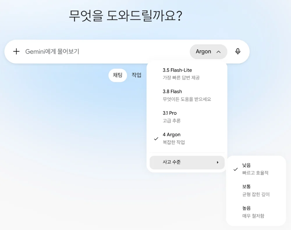 Gemini 앱 모델 선택 메뉴에 3.5 Flash-Lite, 3.8 Flash, 3.1 Pro, 4 Argon과 사고 수준 메뉴가 보이는 화면