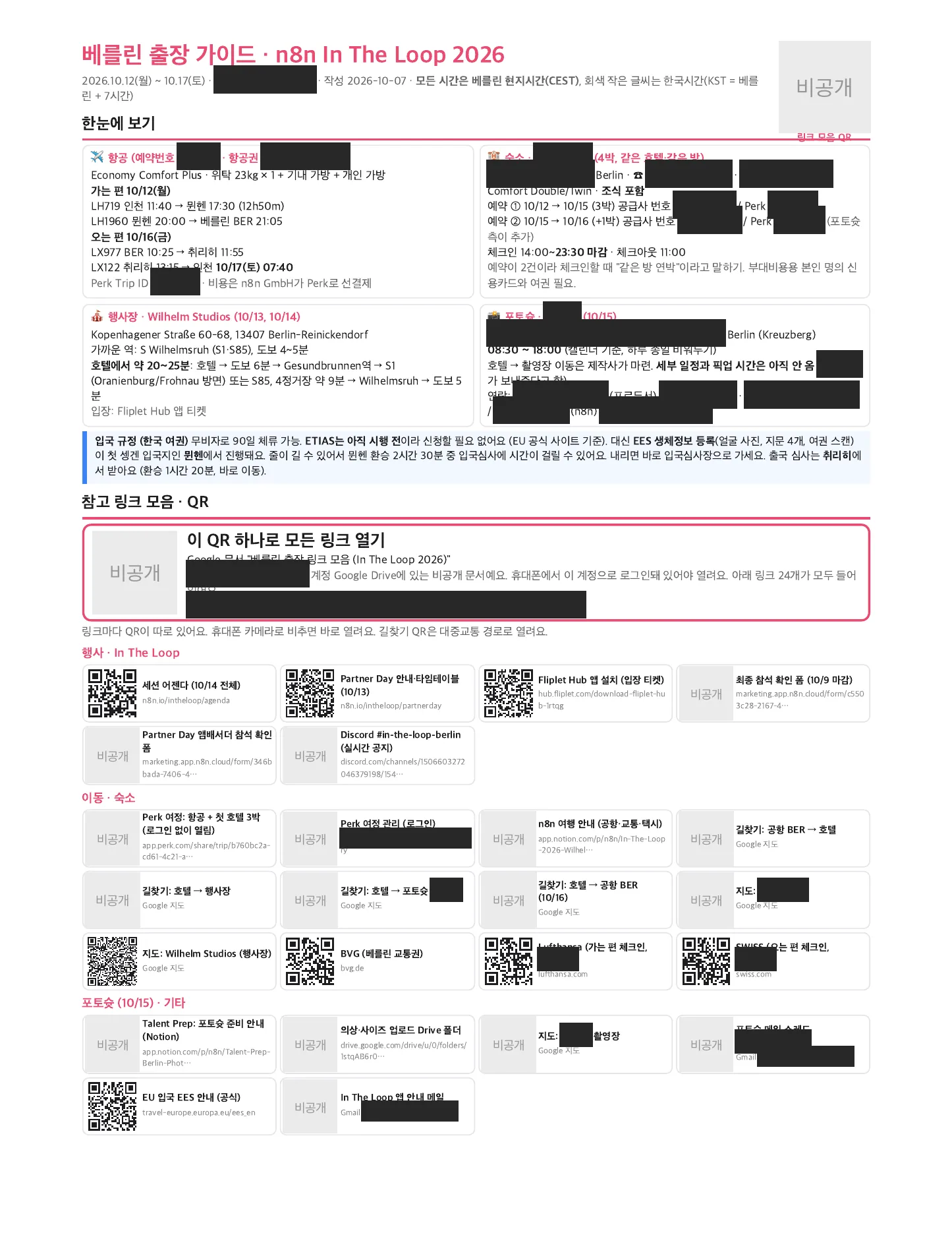 가이드북 1쪽: 항공·숙소·행사장·촬영 정보 카드와 참고 링크 QR 모음. 예약번호와 개인 링크는 가려져 있다