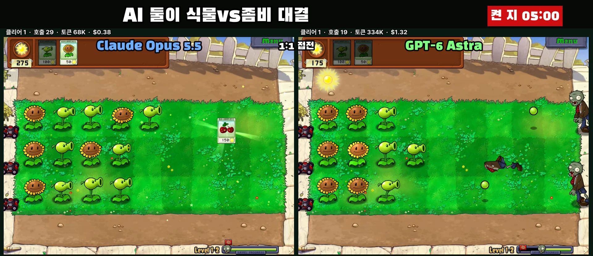 왼쪽 Claude Opus 5.5, 오른쪽 GPT-6 Astra가 같은 1-2 레벨을 동시에 진행하는 화면