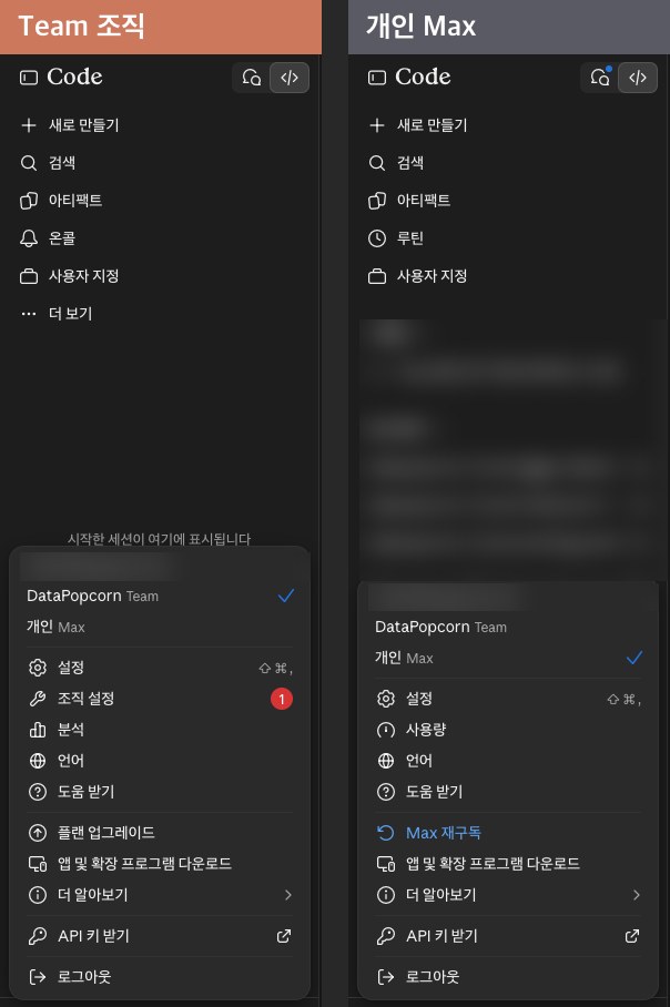 왼쪽은 Team 조직, 오른쪽은 개인 Max를 선택했을 때의 사이드바와 계정 메뉴입니다. Team 쪽에만 사이드바의 온콜, 메뉴의 조직 설정과 분석이 보입니다