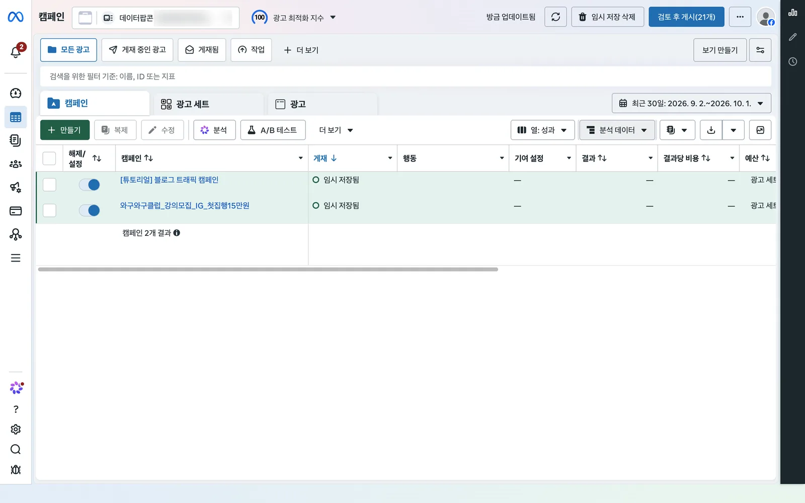 캠페인 목록 화면. 캠페인·광고 세트·광고 탭, 만들기 버튼, 열: 성과와 분석 데이터 버튼, 기간 선택, 임시 저장 삭제와 검토 후 게시 버튼이 보입니다