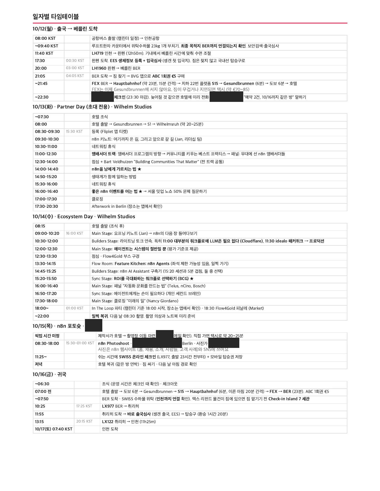일자별 타임테이블: 날짜마다 현지 시각, 한국 시각, 할 일이 한 줄씩 정리되어 있다