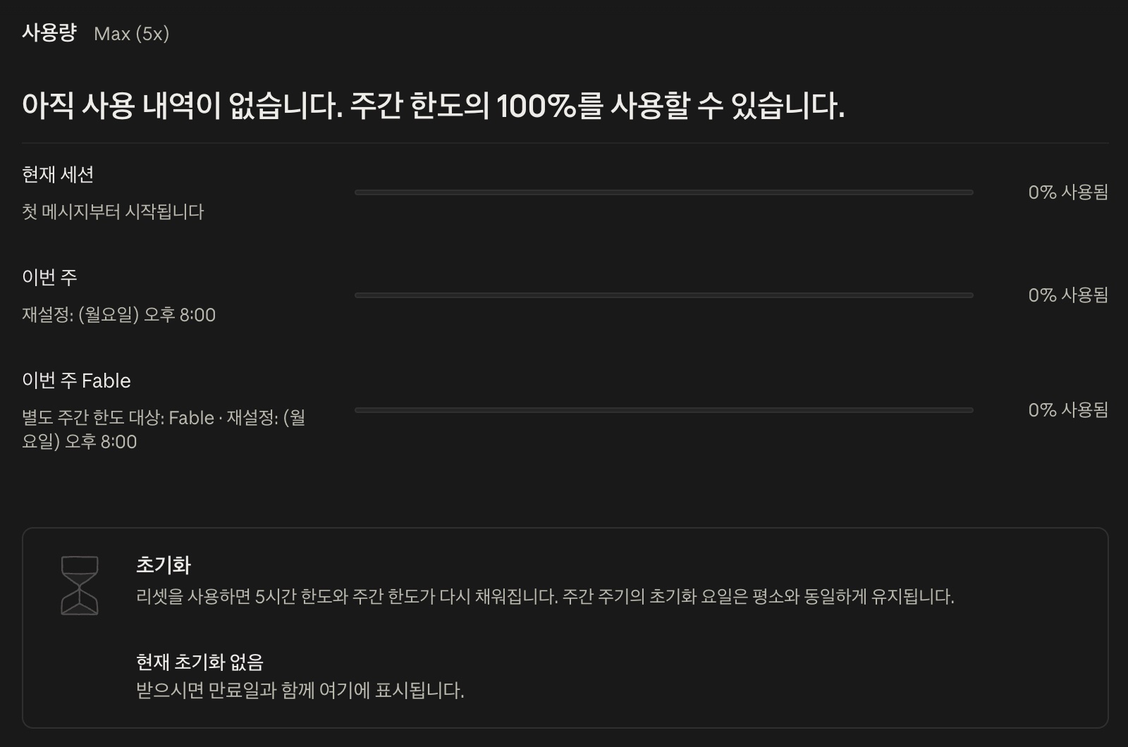 초기화 후 주간 사용량 0%와 현재 초기화 없음 안내