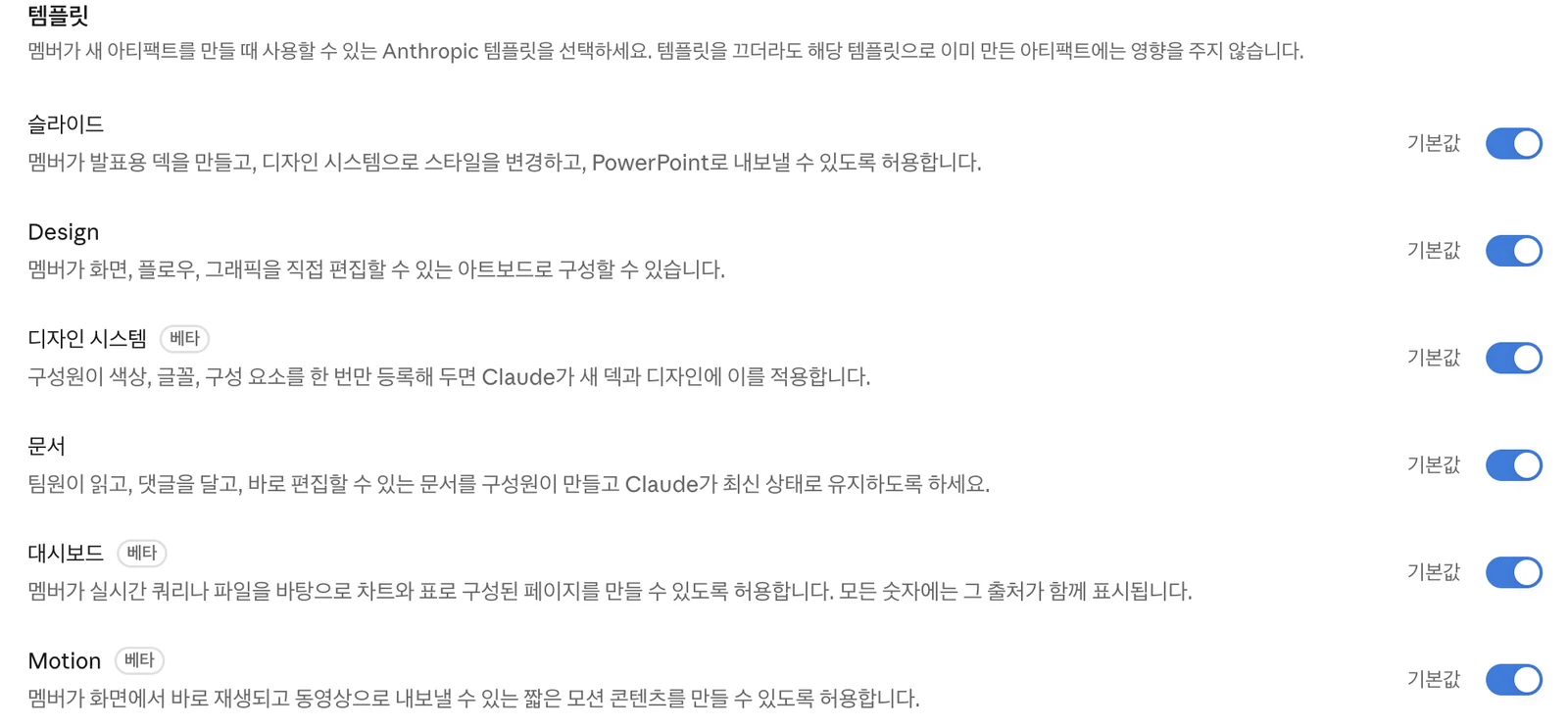 Claude 조직 설정 아티팩트 화면의 템플릿 영역. 슬라이드, Design, 디자인 시스템(베타), 문서, 대시보드, Motion 스위치가 모두 켜져 있다