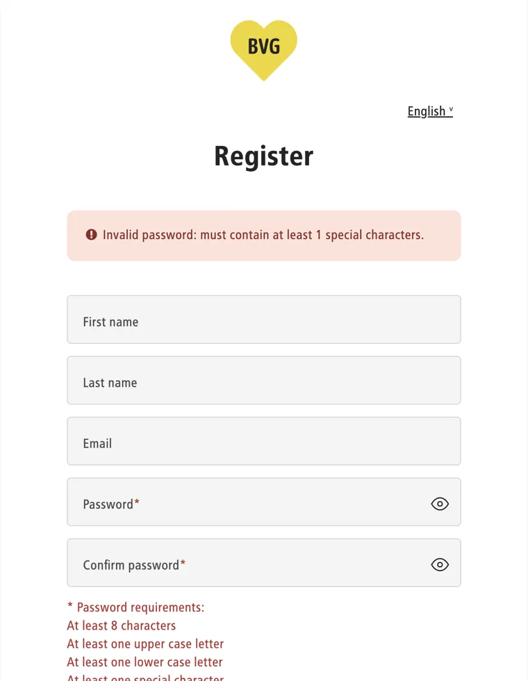 BVG 회원가입 오류 화면. "Invalid password: must contain at least 1 special characters." 문구가 빨간 상자에 표시되고, 아래에 비밀번호 조건이 나열돼 있습니다