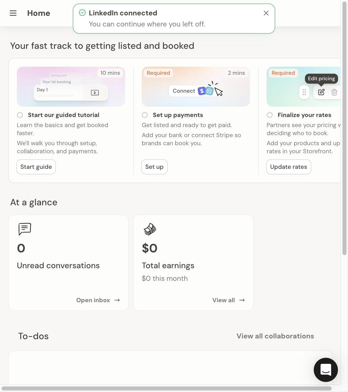워크스페이스 홈. Set up payments와 Finalize your rates에 Required 표시가 붙어 있습니다