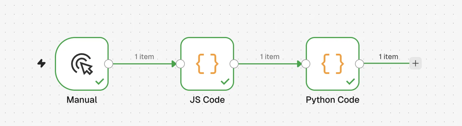 3.0.0에서 수동 실행한 점검용 워크플로우. Manual, JS Code, Python Code 노드가 모두 성공