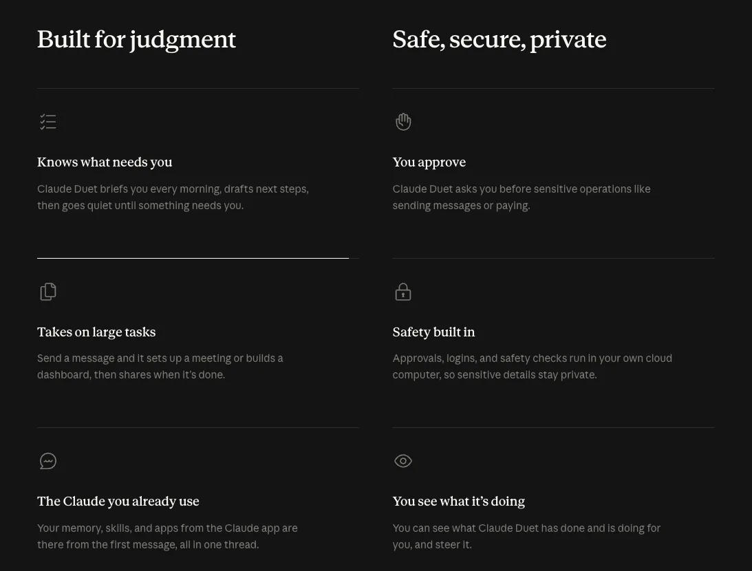 Claude Duet 제품 페이지의 기능 소개. Built for judgment와 Safe, secure, private 두 묶음