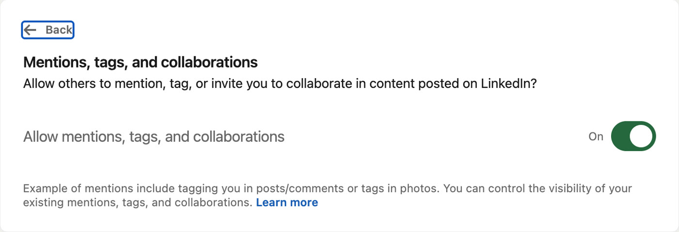 Mentions, tags, and collaborations 설정. 스위치가 On이어야 협업 초대를 받을 수 있습니다