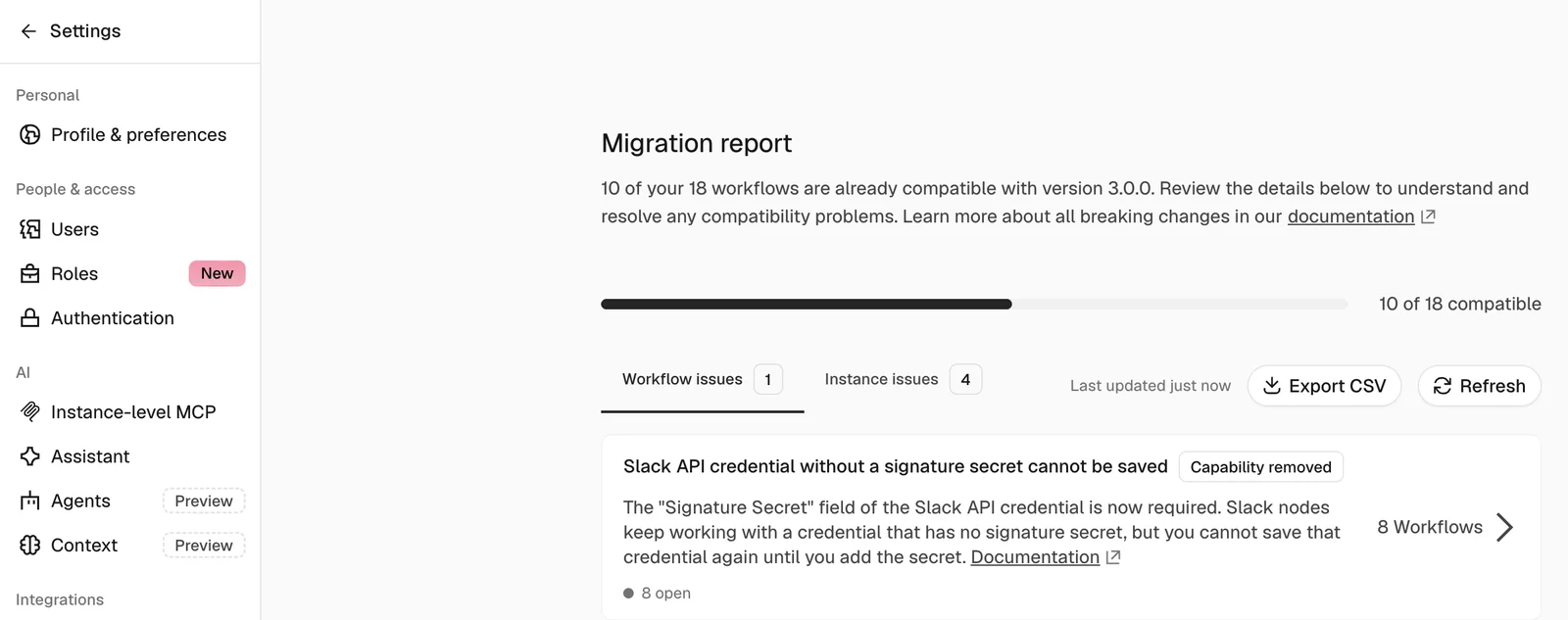 3.0.0의 마이그레이션 리포트. 서명 시크릿이 없는 Slack API 자격 증명은 저장할 수 없다는 항목, 워크플로우 8개 해당