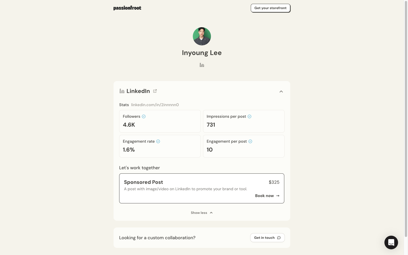 공개된 스토어프론트. LinkedIn 인증 통계 4개와 Sponsored Post $325 상품, Book now 버튼이 보입니다