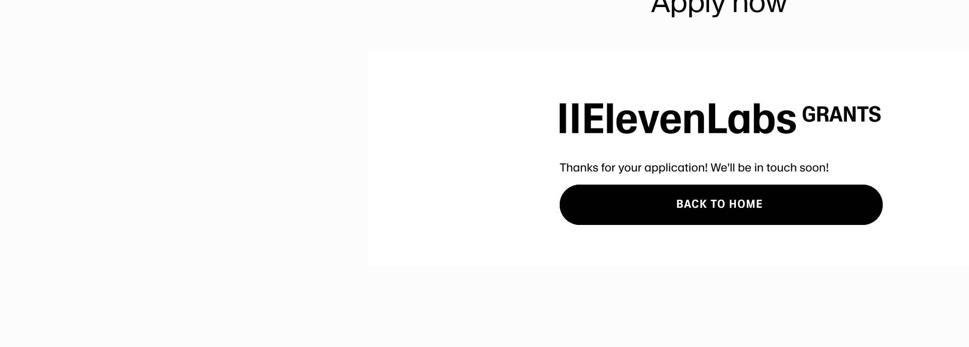 제출 완료 화면. Thanks for your application! We'll be in touch soon!