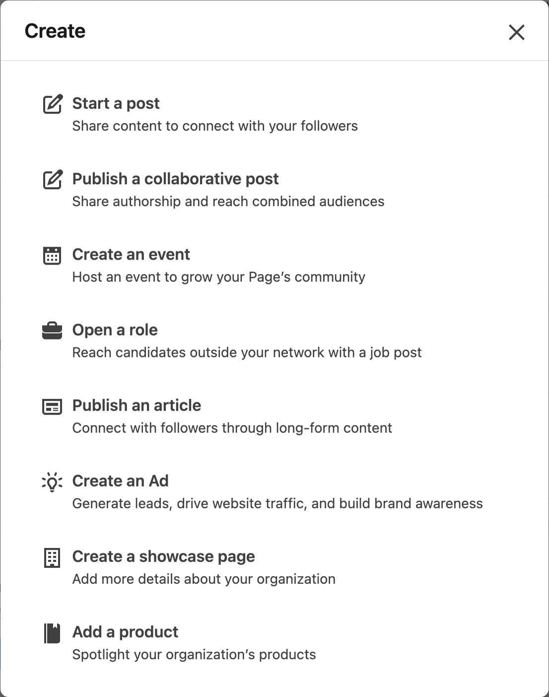 페이지 관리자 화면의 Create 메뉴. 두 번째에 Publish a collaborative post가 있습니다