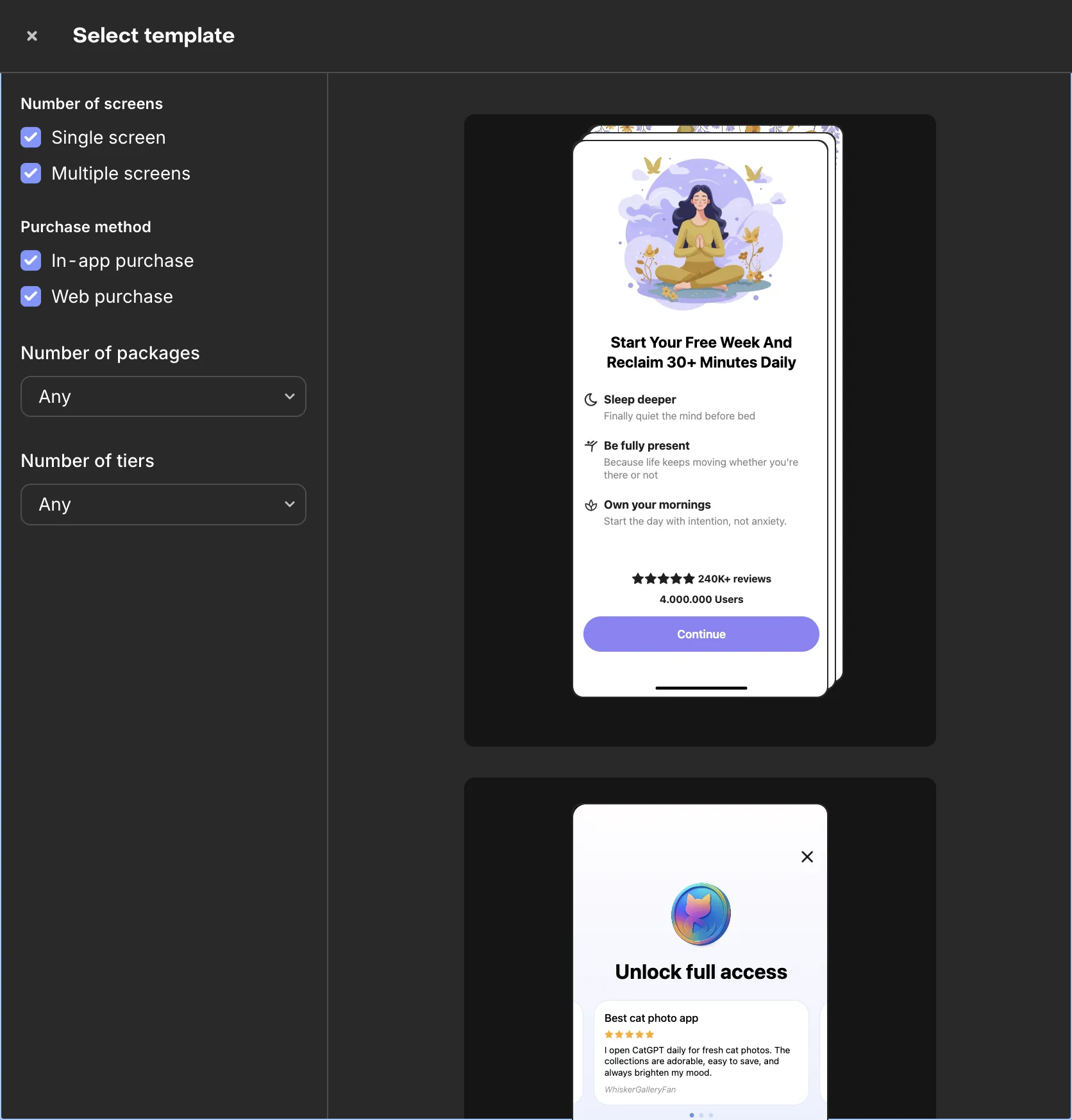 RevenueCat Paywall 편집기의 템플릿 선택 화면