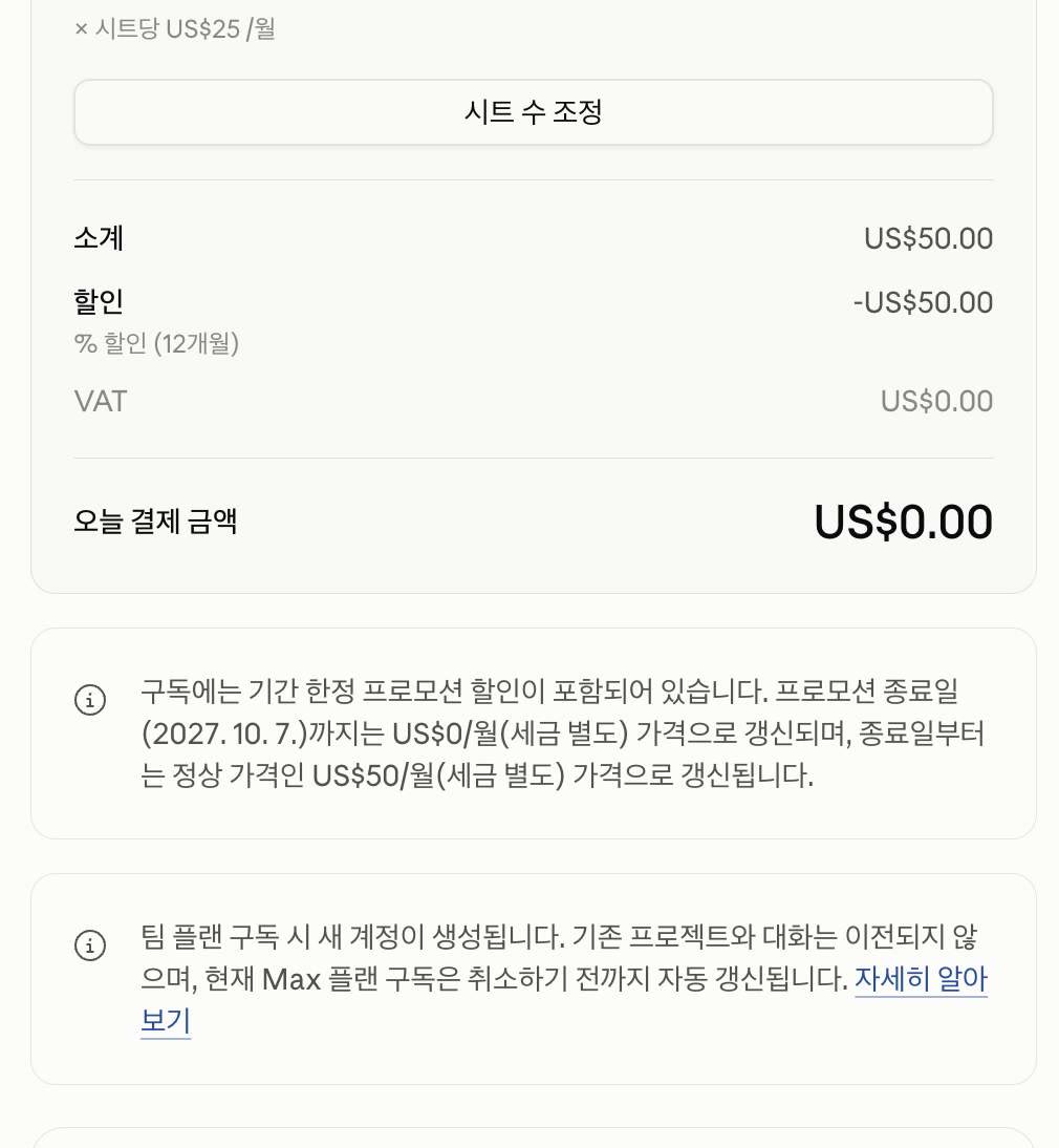 Team 결제 화면. Standard 시트 2개 소계 US$50에 할인 -US$50이 적용돼 오늘 결제 금액은 US$0입니다