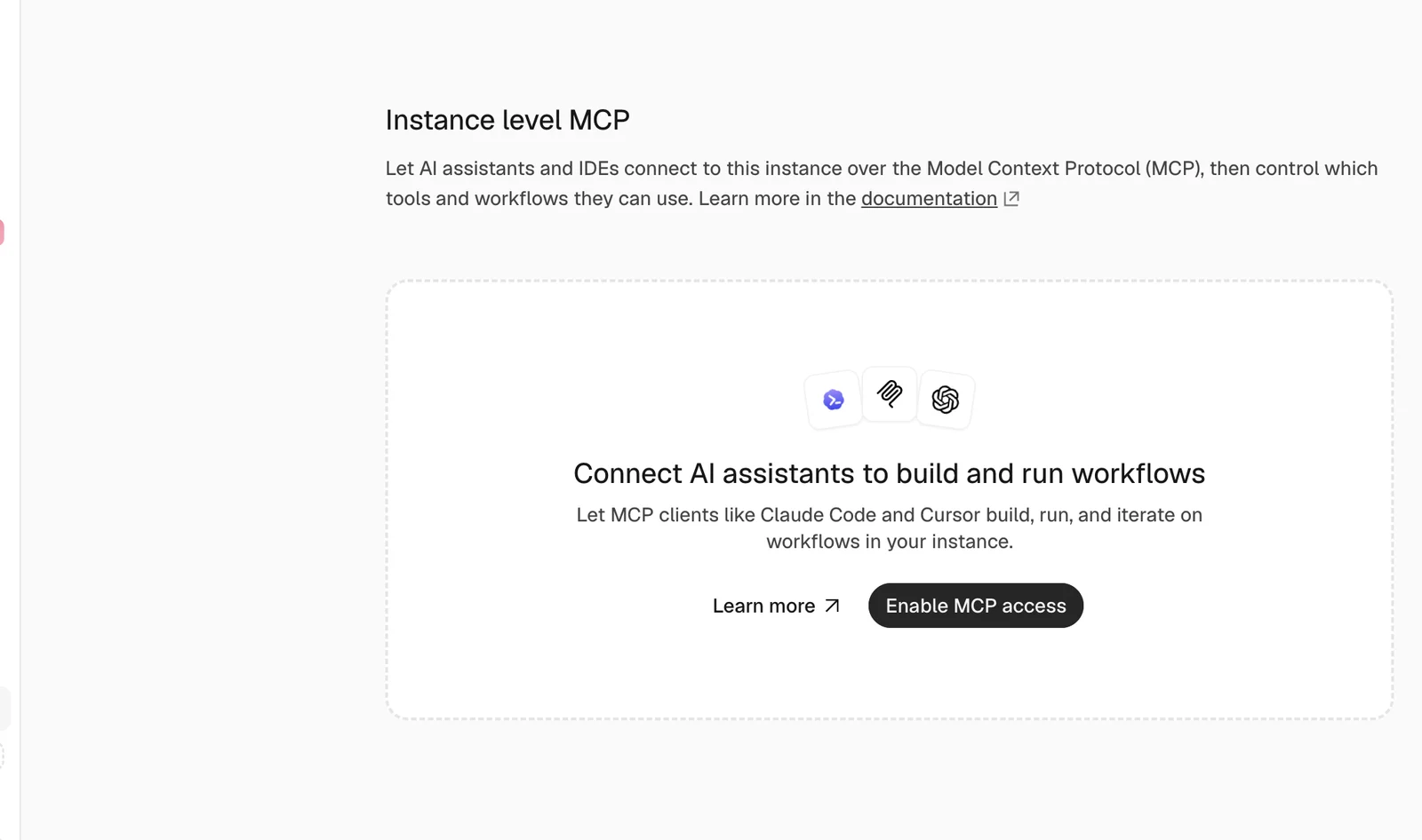 인스턴스 MCP 설정 화면. Enable MCP access 버튼