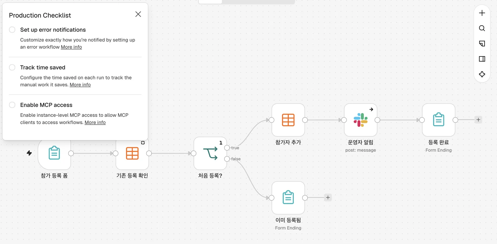 워크플로우 편집기의 Production Checklist. 오류 알림 설정, 절약 시간 기록, MCP 접근 허용 세 항목