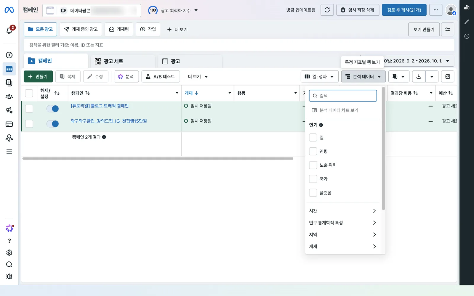 분석 데이터 메뉴. 인기 항목으로 일, 연령, 노출 위치, 국가, 플랫폼 체크박스가 있고 아래에 시간, 인구 통계학적 특성, 지역, 게재 하위 메뉴가 있습니다