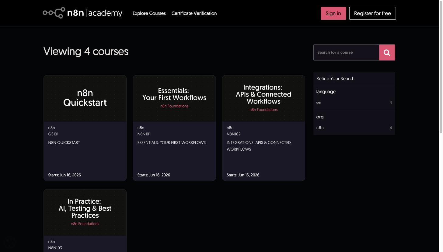 Explore Courses 화면. QS101, N8N101, N8N102, N8N103 네 과정이 카드로 나열되고 오른쪽에 언어·기관 필터가 있다