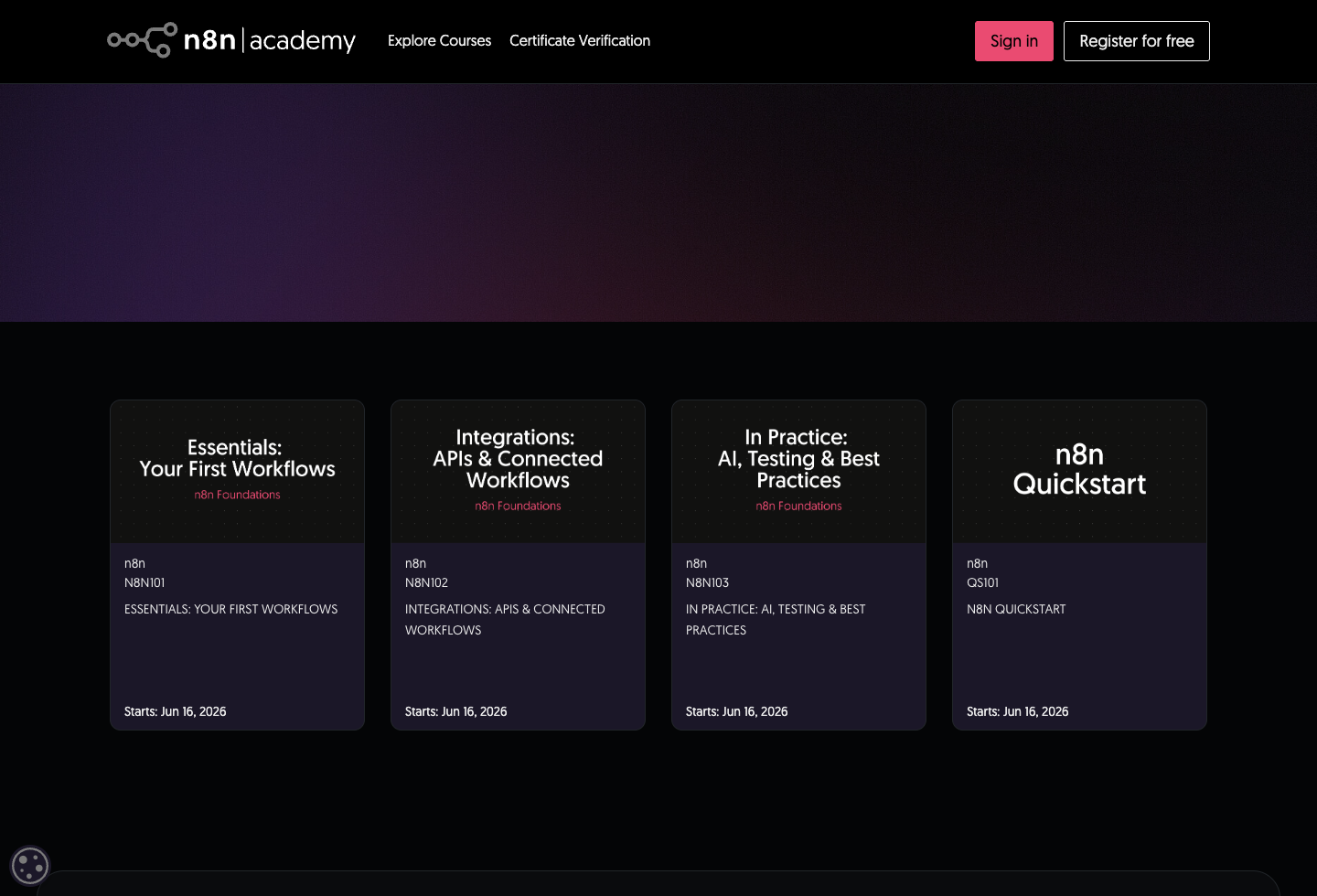 Essentials, Integrations, In Practice, Quickstart 과정 카드가 보이는 n8n Academy 홈 화면
