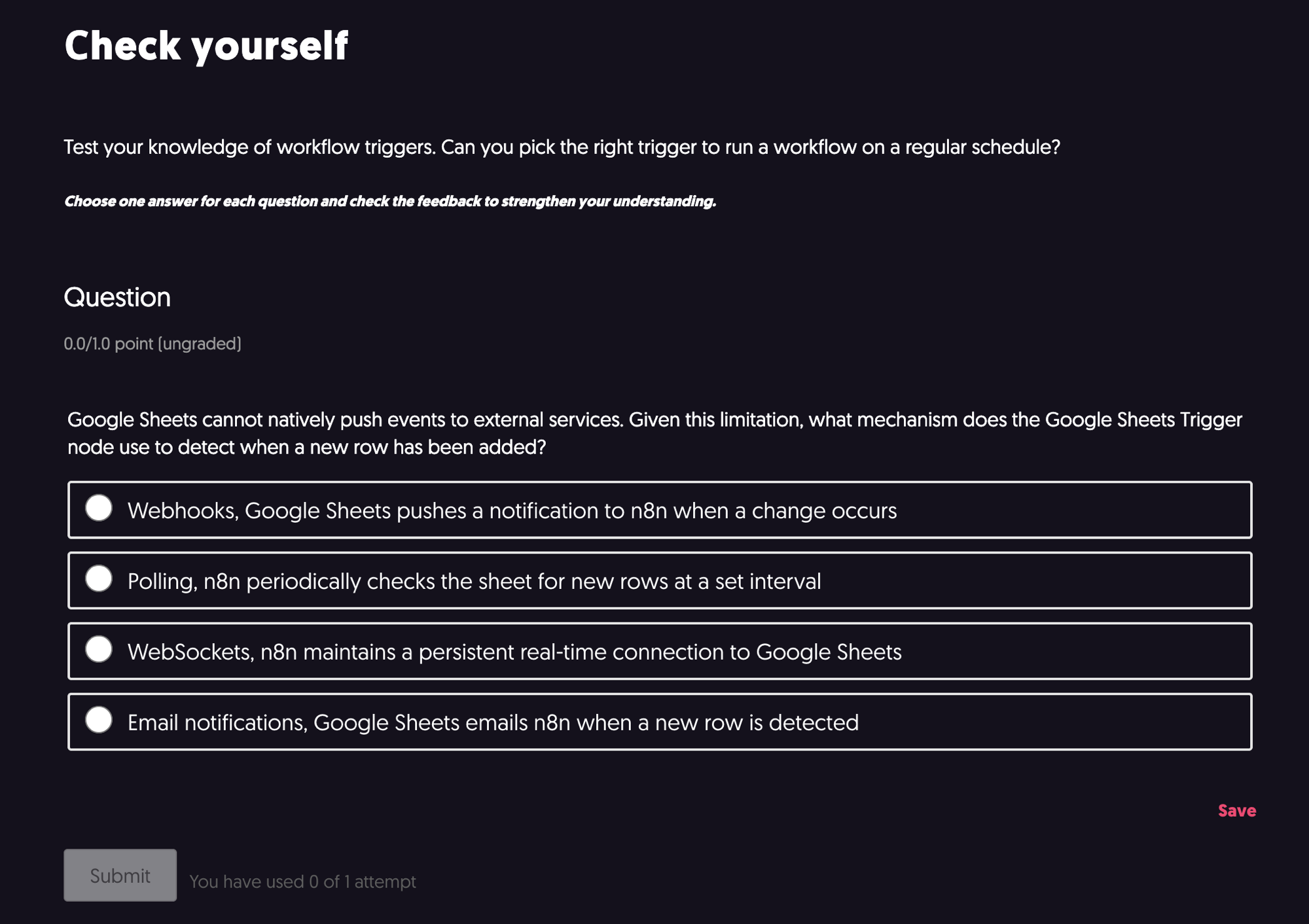 Check yourself 퀴즈 화면. Google Sheets Trigger가 새 행을 감지하는 방식을 묻는 객관식 문제와 4개 선택지, Submit 버튼이 있다