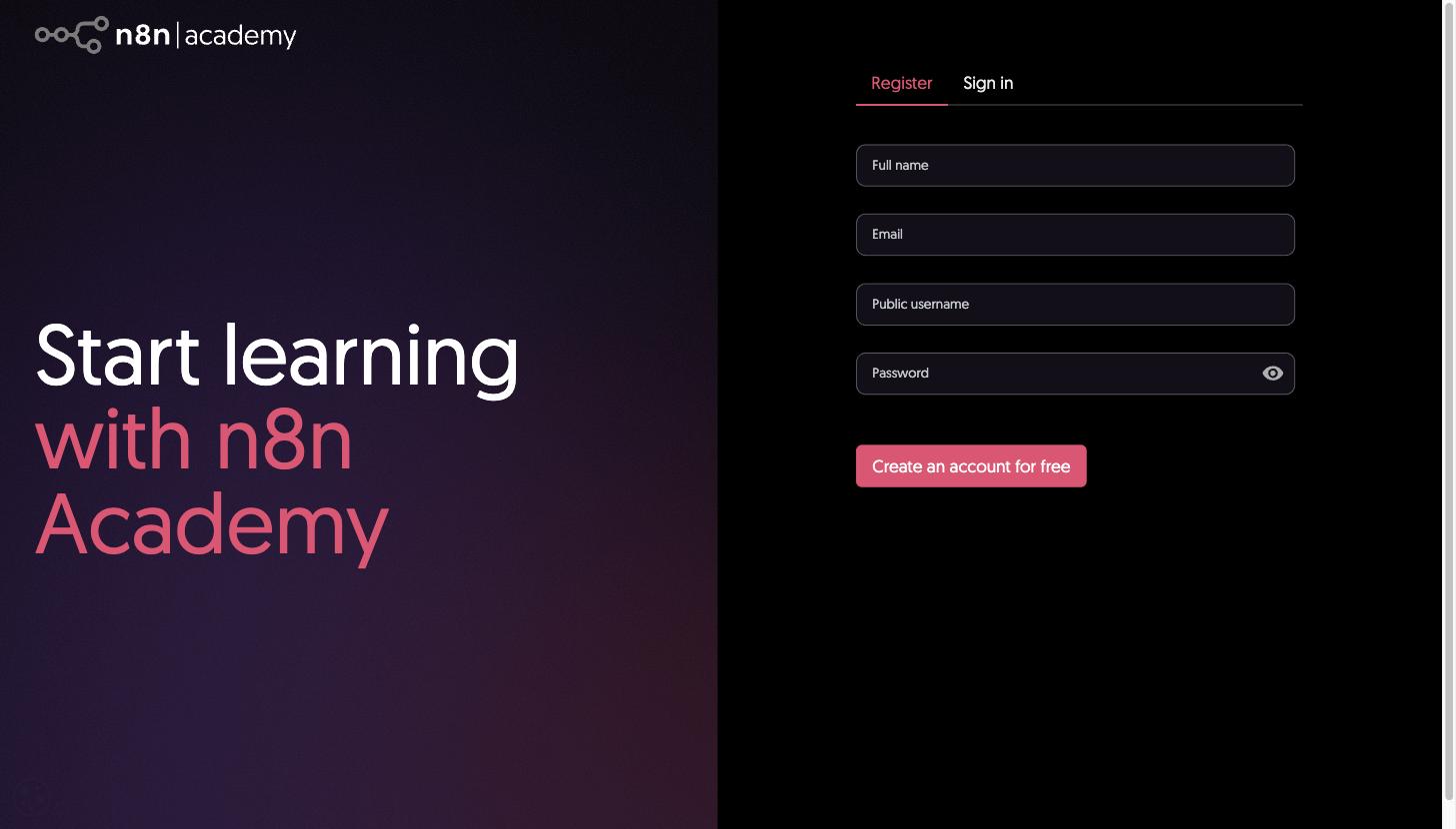 n8n Academy 회원가입 화면. Full name, Email, Public username, Password 입력칸과 Create an account for free 버튼이 있다