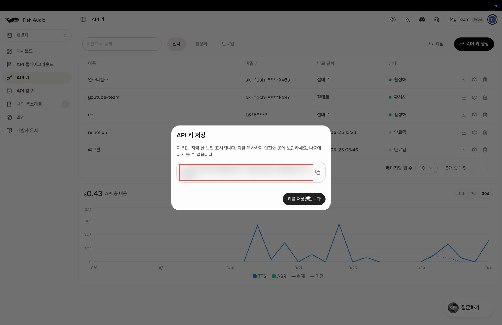 API 키 저장 창. '이 키는 지금 한 번만 표시됩니다. 지금 복사하여 안전한 곳에 보관하세요. 나중에 다시 볼 수 없습니다'라는 안내와 함께 키 값이 표시돼 있다. 키 값은 가려져 있다
