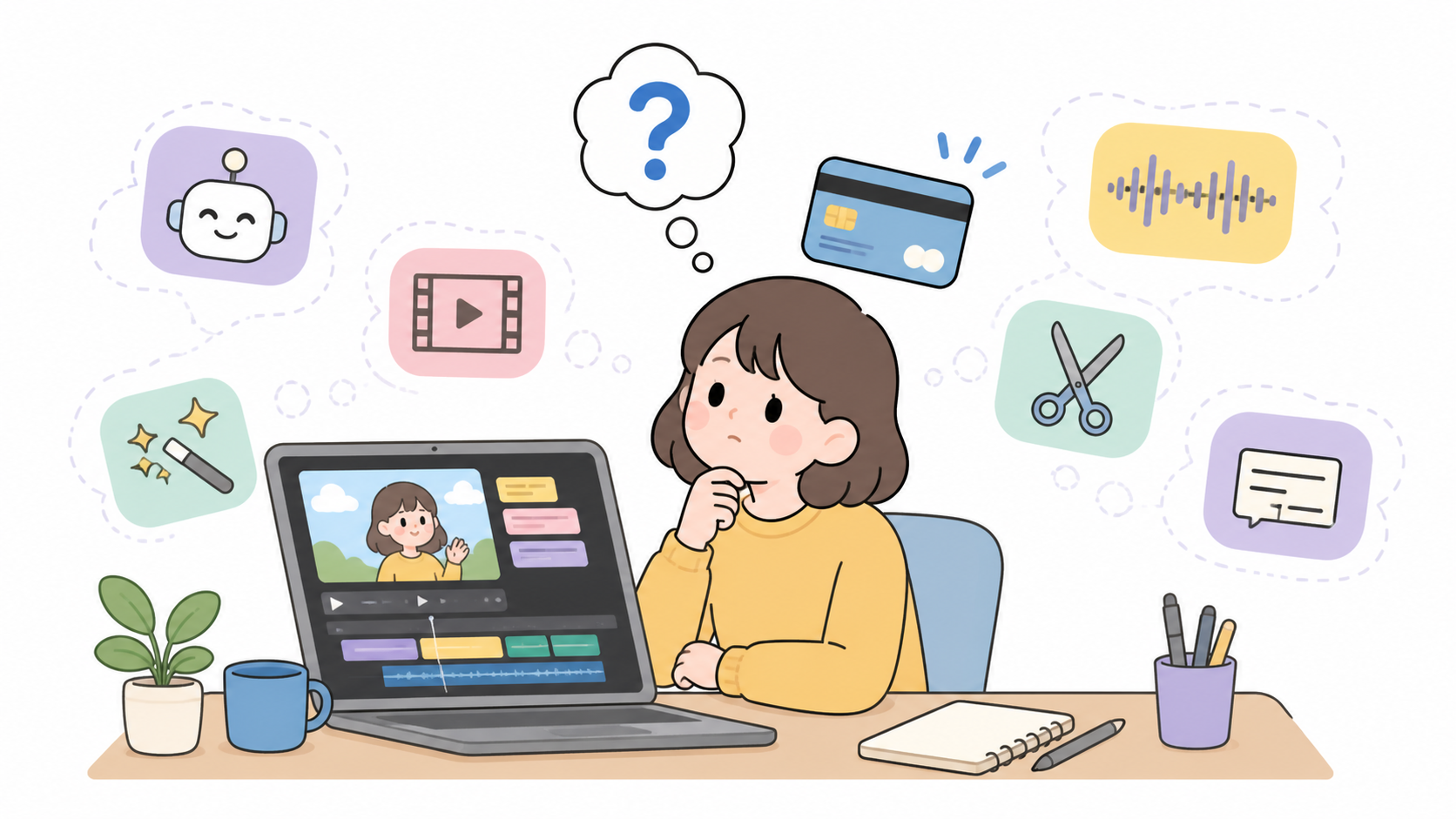 영상 편집 툴을 추가로 결제할지 고민하는 제작자와 노트북의 편집 타임라인 일러스트