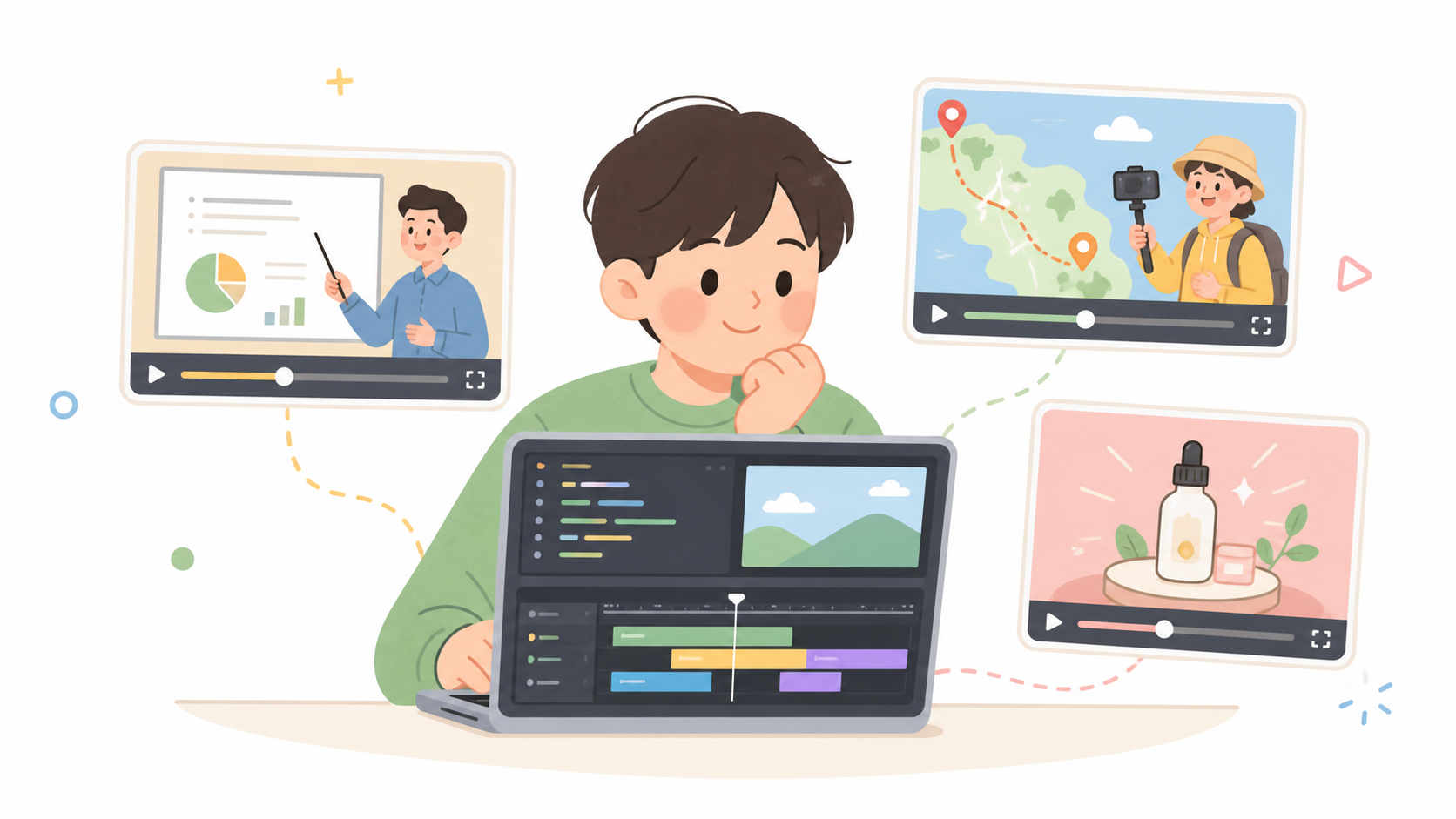 AI 영상 편집으로 강의 영상, 여행지도 브이로그, 광고형 숏폼을 함께 검토하는 일러스트