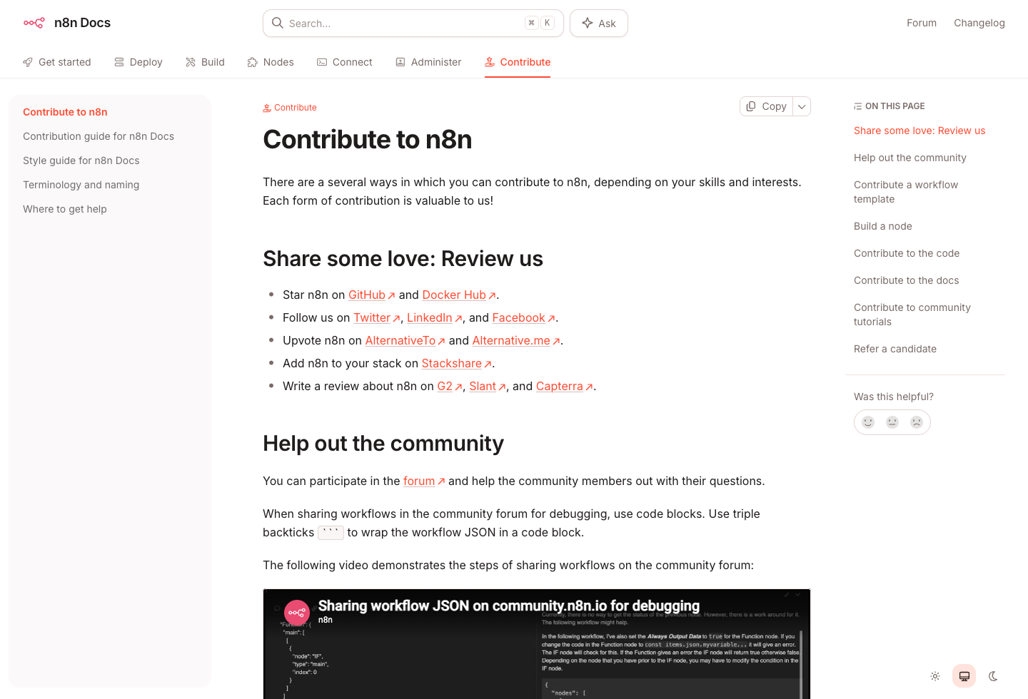 n8n 문서와 커뮤니티 기여 안내가 보이는 n8n Docs Contribute 화면
