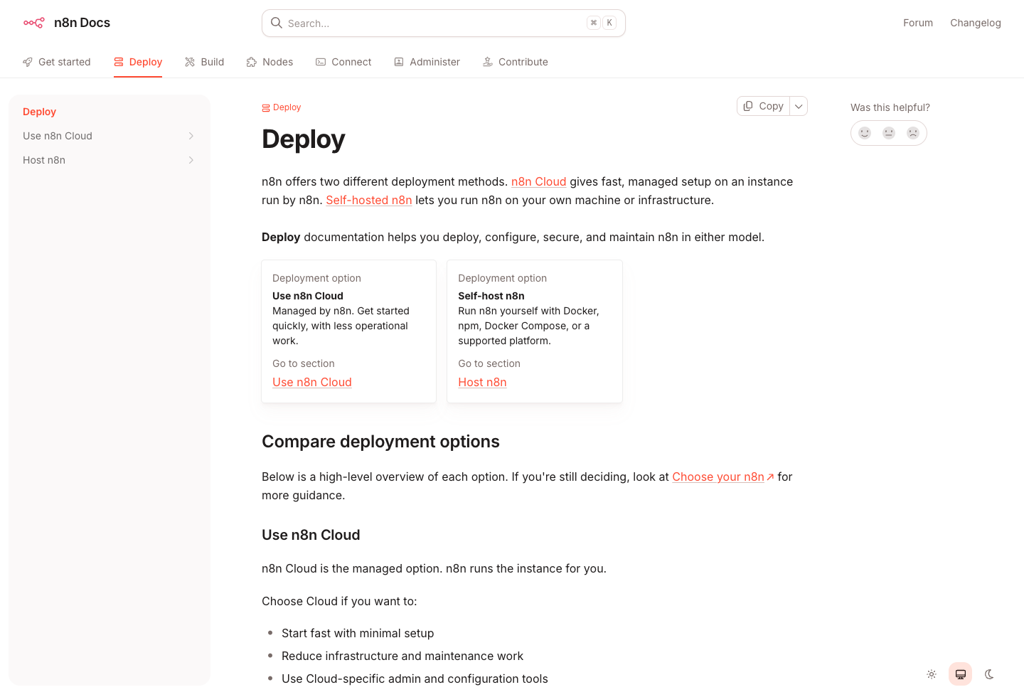 n8n Cloud와 Self-hosted 선택 카드, 배포 옵션 비교가 보이는 n8n Docs Deploy 화면