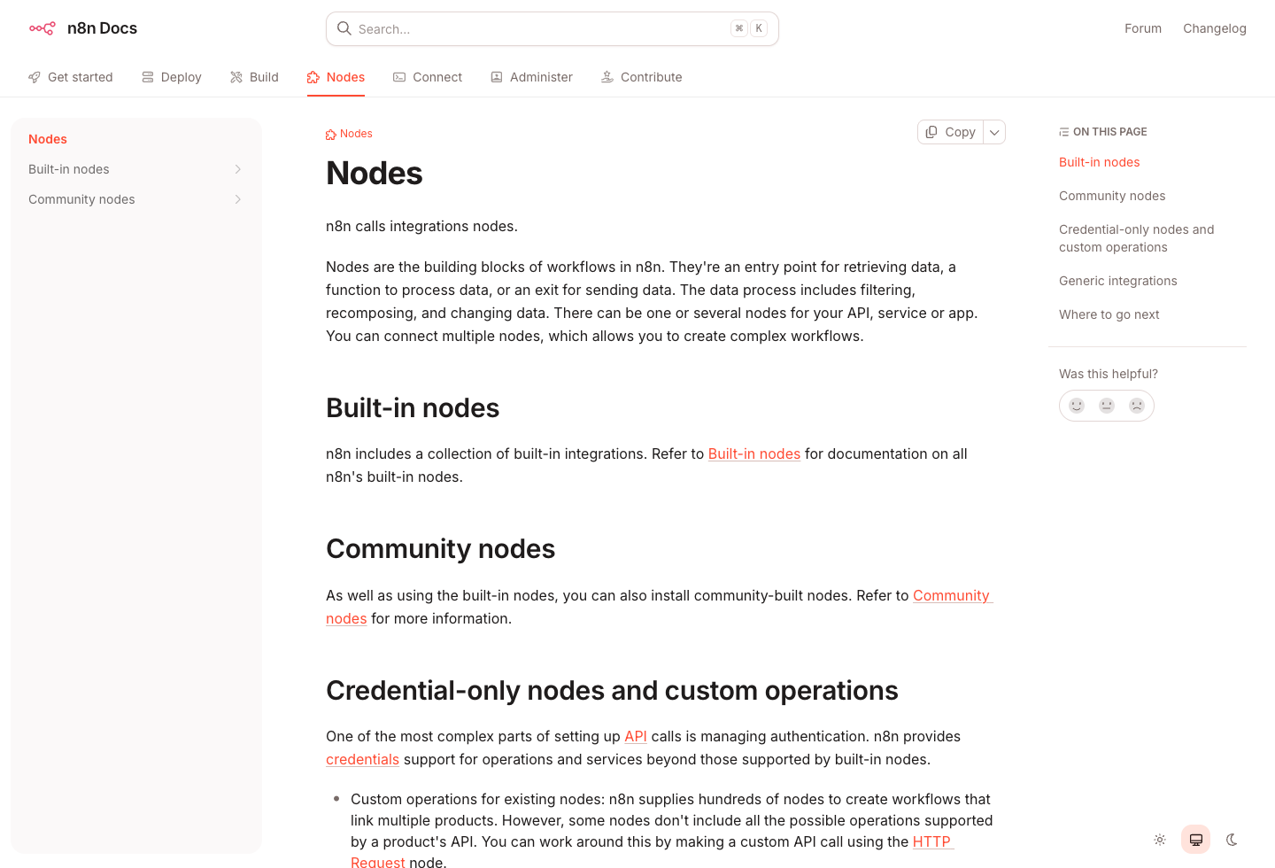 Built-in nodes, Community nodes, credential-only nodes 항목이 보이는 n8n Docs Nodes 화면