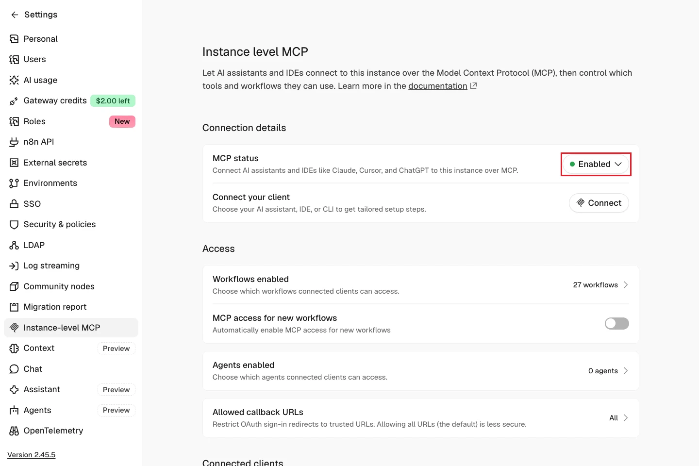 n8n 2.45 Settings의 Instance level MCP 화면: MCP status, Workflows enabled, Connected clients