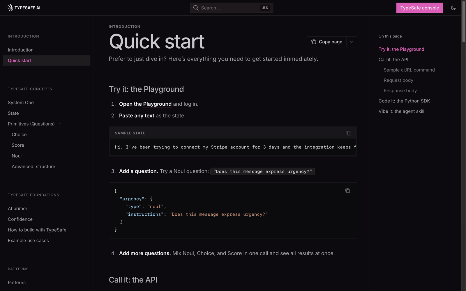 TypeSafe 공식 Quick Start의 API와 Python SDK 예시