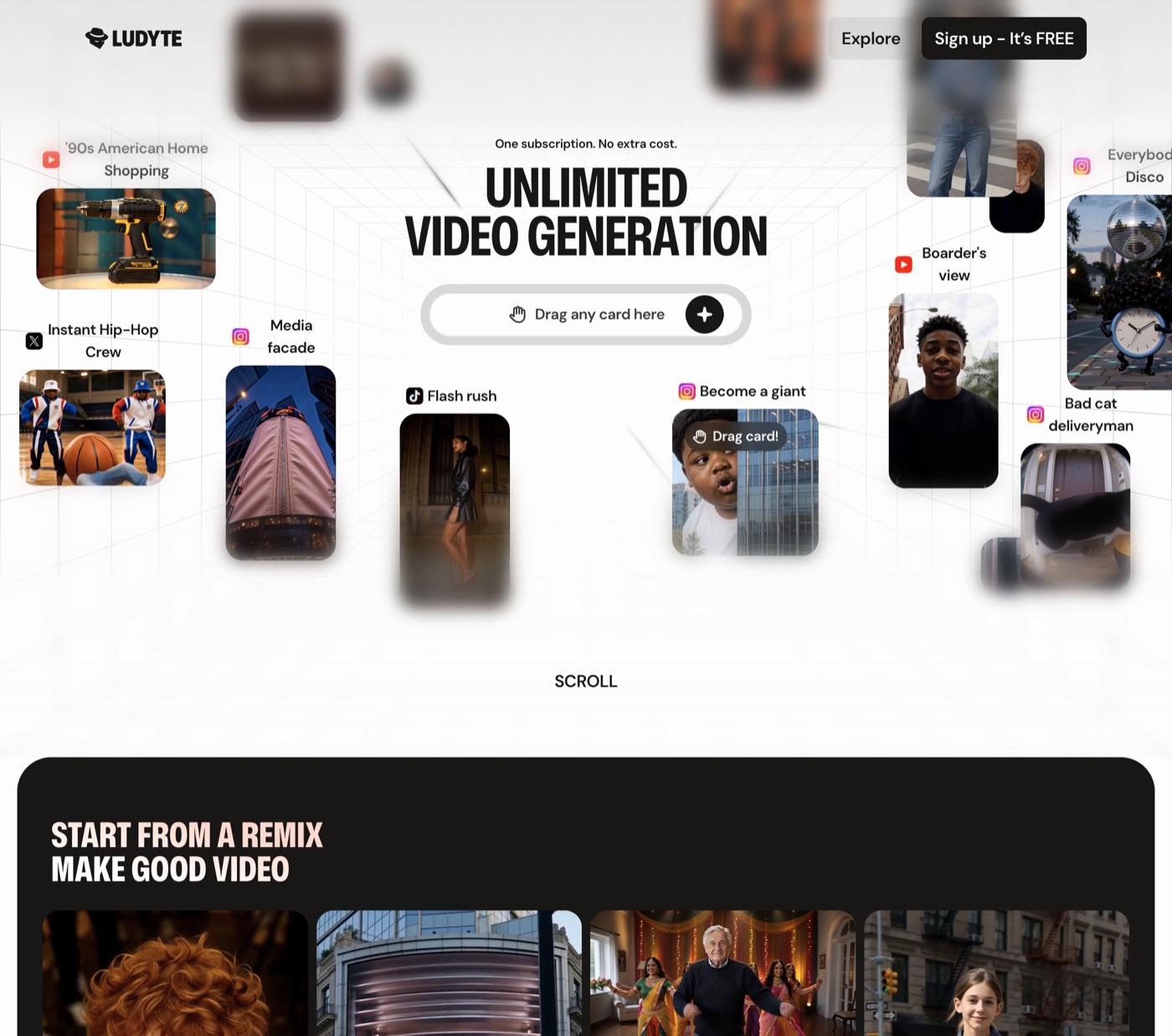 러다이트 랜딩 페이지. 상단에 Sign up - It's FREE 버튼과 Unlimited video generation 문구가 보입니다.