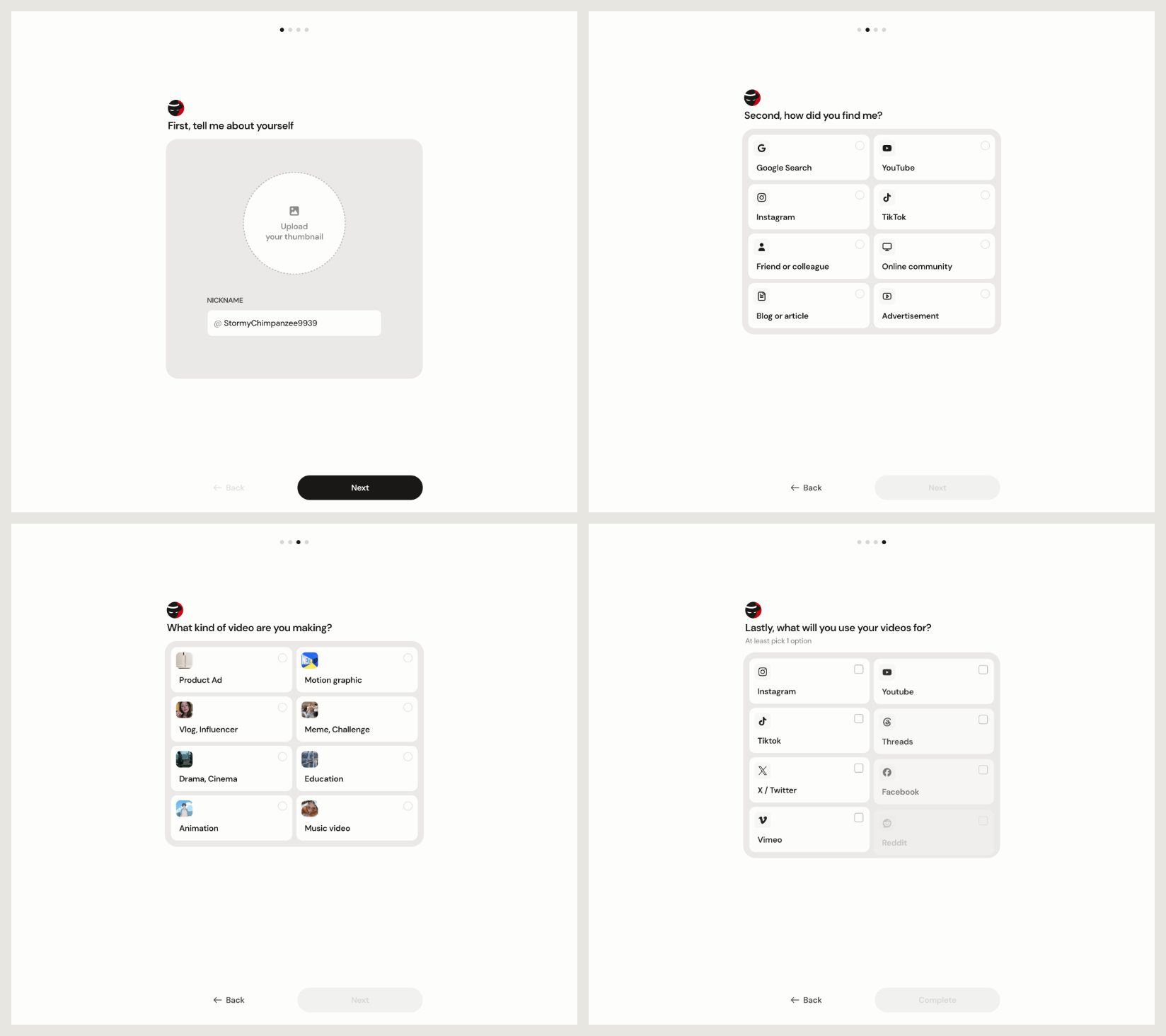온보딩 4단계 화면 모음. 닉네임, 유입 경로, 영상 종류, 업로드 채널 순서입니다.