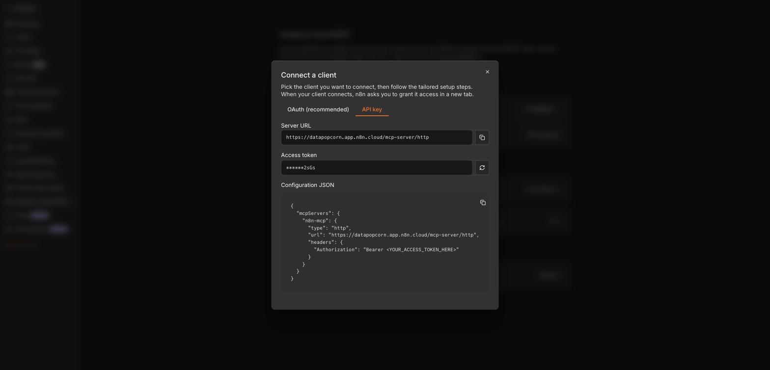 Connect a client 모달의 API key 탭. 서버 URL과 마스킹된 액세스 토큰, Authorization 헤더가 포함된 설정 JSON이 보인다