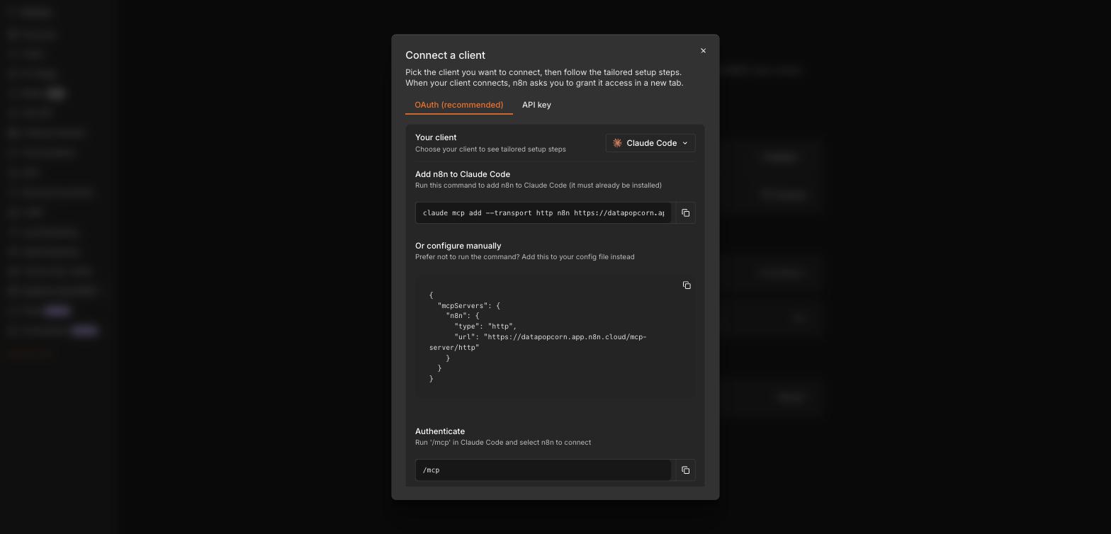 Connect a client 모달에서 Claude Code를 선택하면 claude mcp add 명령과 설정 JSON, 인증 방법이 함께 나온다