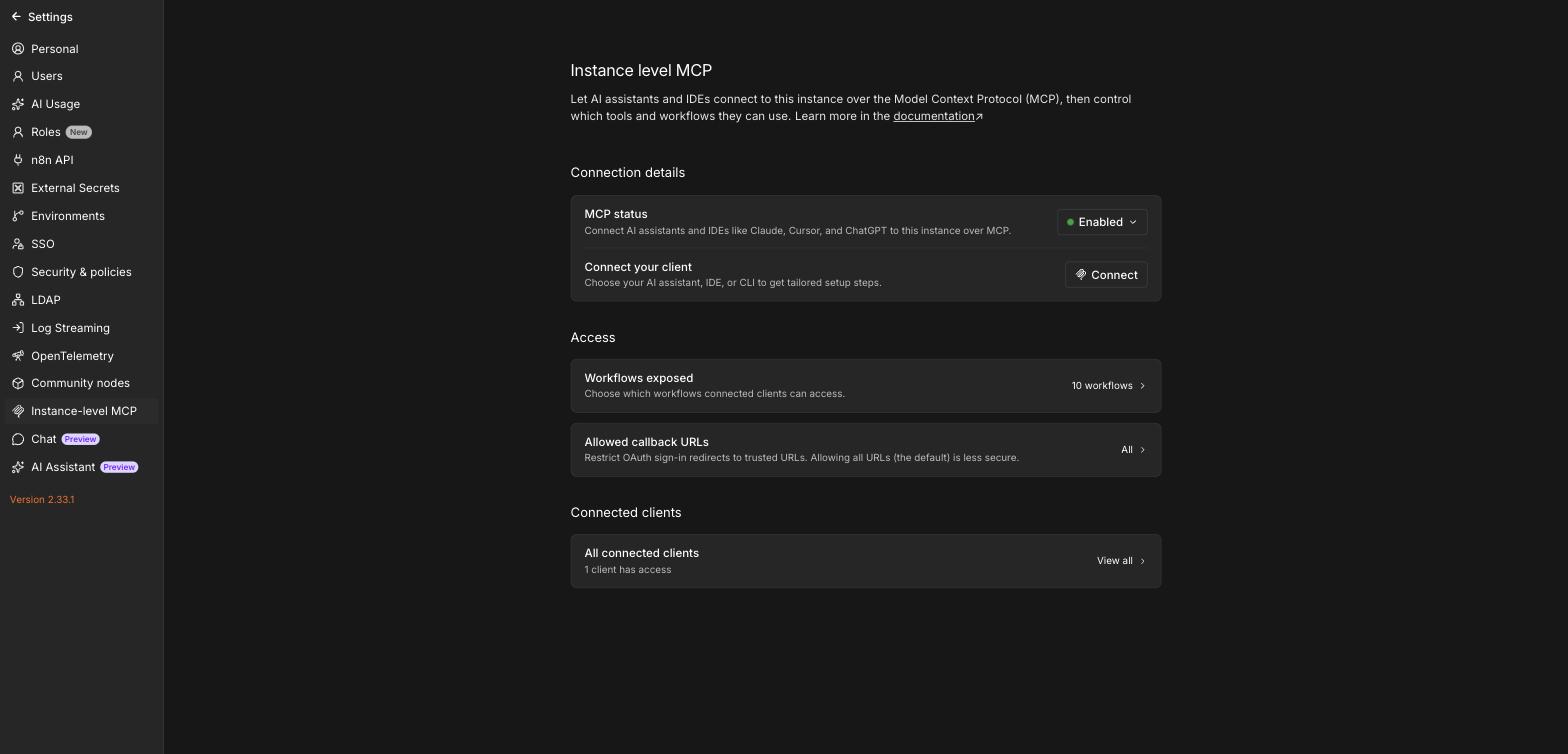 n8n 설정 화면의 Instance level MCP 페이지. MCP status가 Enabled로 켜져 있고 Connect your client 버튼이 보인다