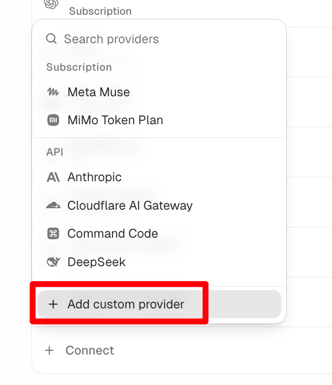 Connect 목록 맨 아래의 Add custom provider 버튼