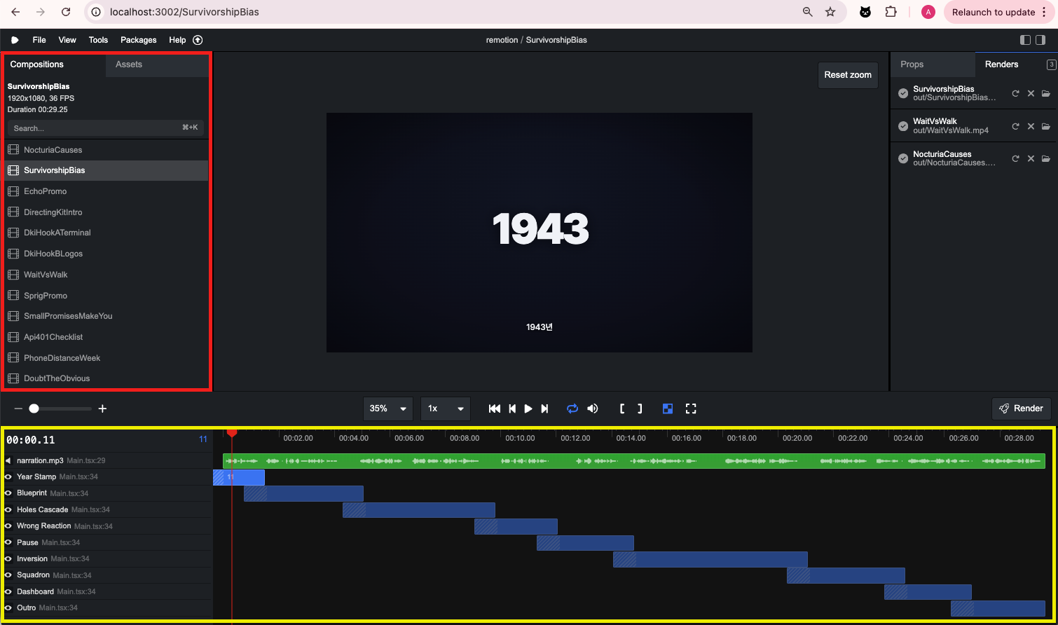 Remotion Studio 화면. 왼쪽에는 Composition 목록, 가운데에는 영상 프리뷰, 하단에는 Sequence 타임라인이 보인다.