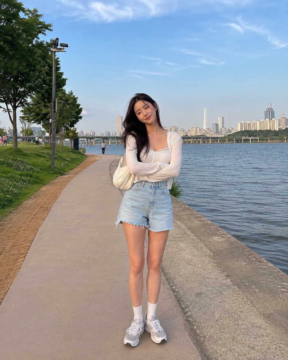입력으로 사용한 AI 생성 인물 사진. 강변 산책로에서 찍은 듯한 전신 이미지로, 흰 가디건과 데님 반바지를 입고 있다