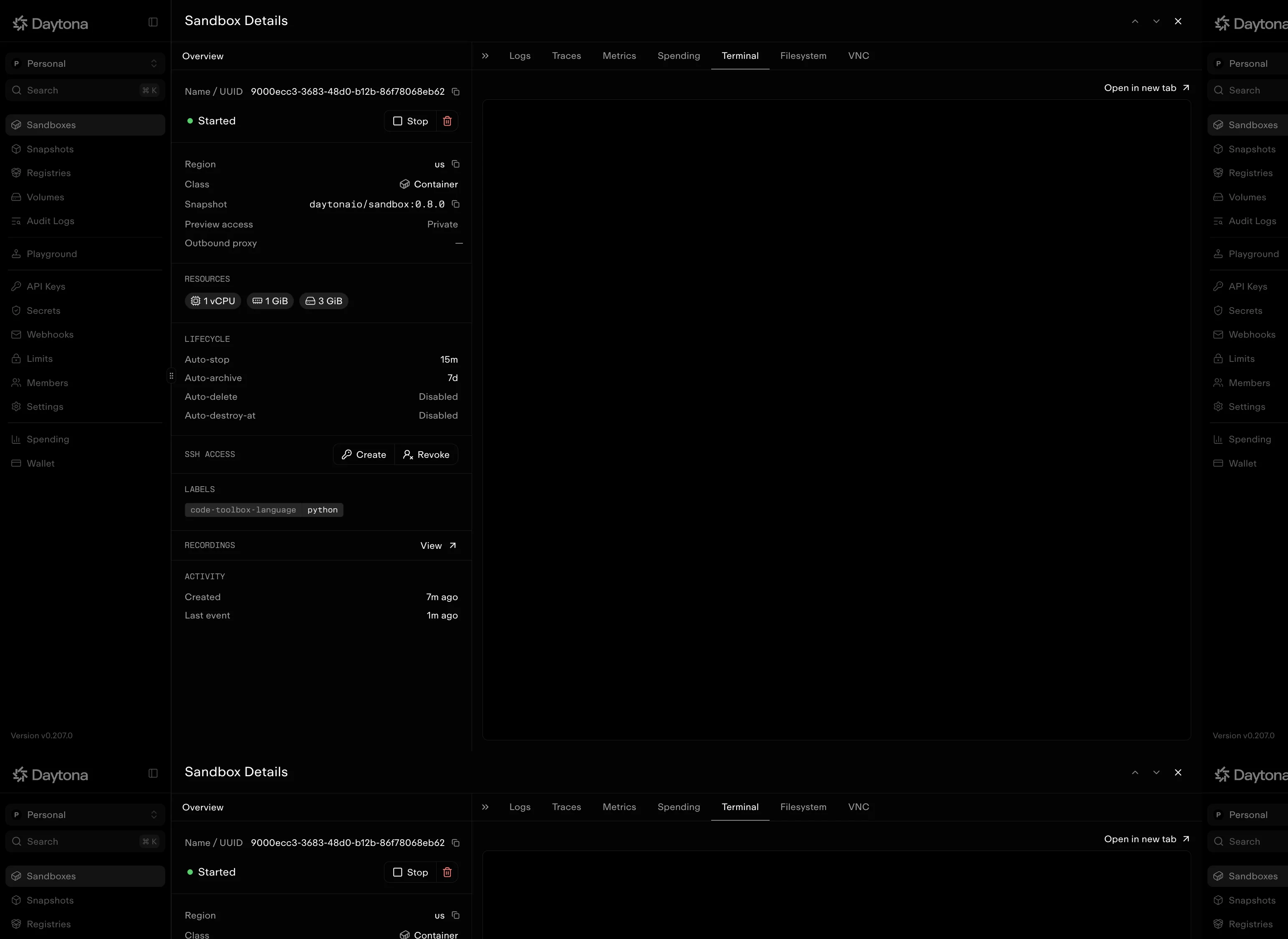 Daytona Sandbox 터미널에서 Python 코드 실행 결과 확인