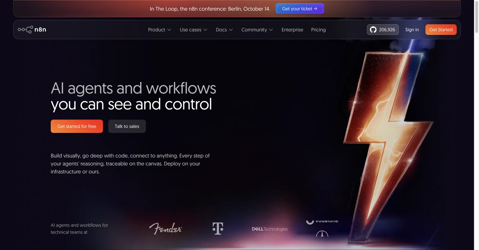 The n8n.io homepage on October 11, 2026: dark background, orange Get started for free button, lightning-bolt image