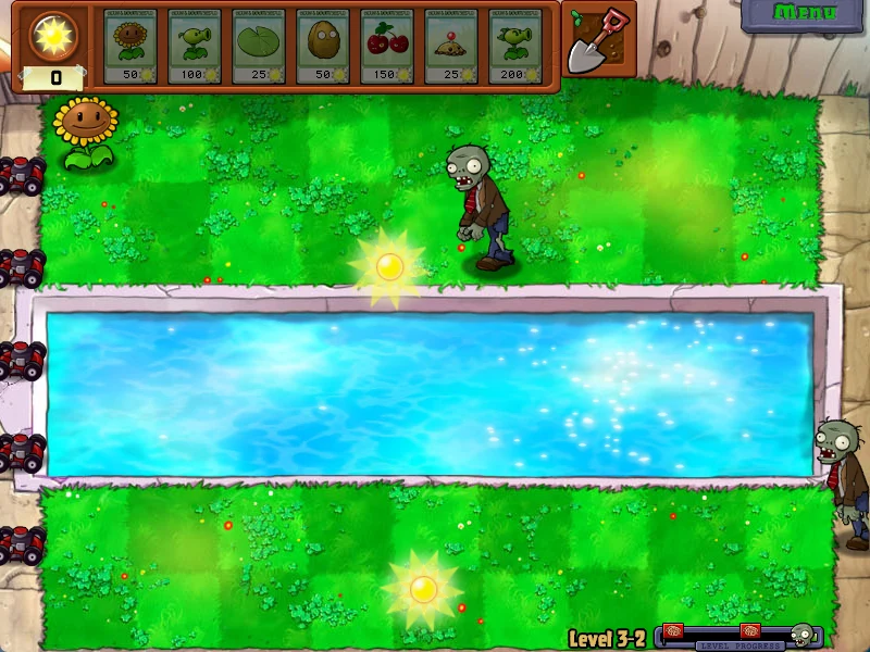 Level 3-2. One Sunflower in the top left, with two suns falling onto the lawn
