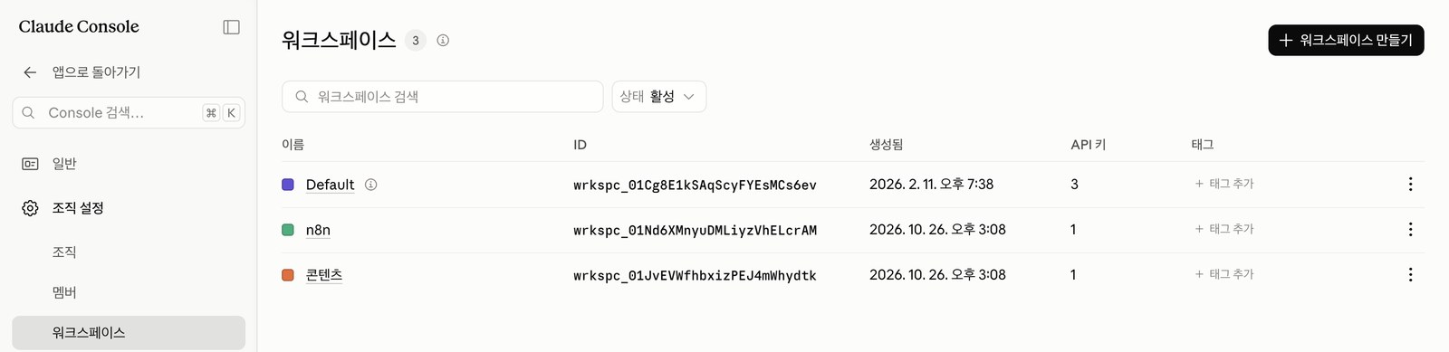 The Console workspace list, with Default, n8n and Content workspaces and the number of API keys in each
