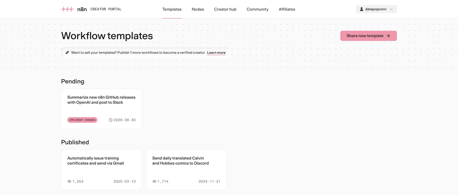 The creators.n8n.io template dashboard: new n8n logo, dot-grid header, pink buttons and pills