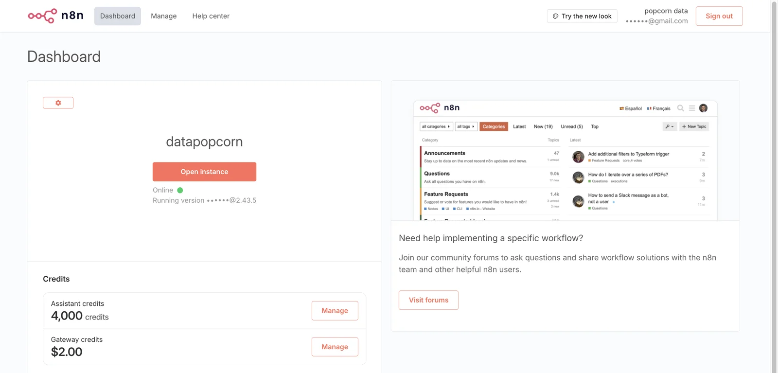 The classic app.n8n.cloud dashboard: old logo, orange Open instance button, Try the new look button
