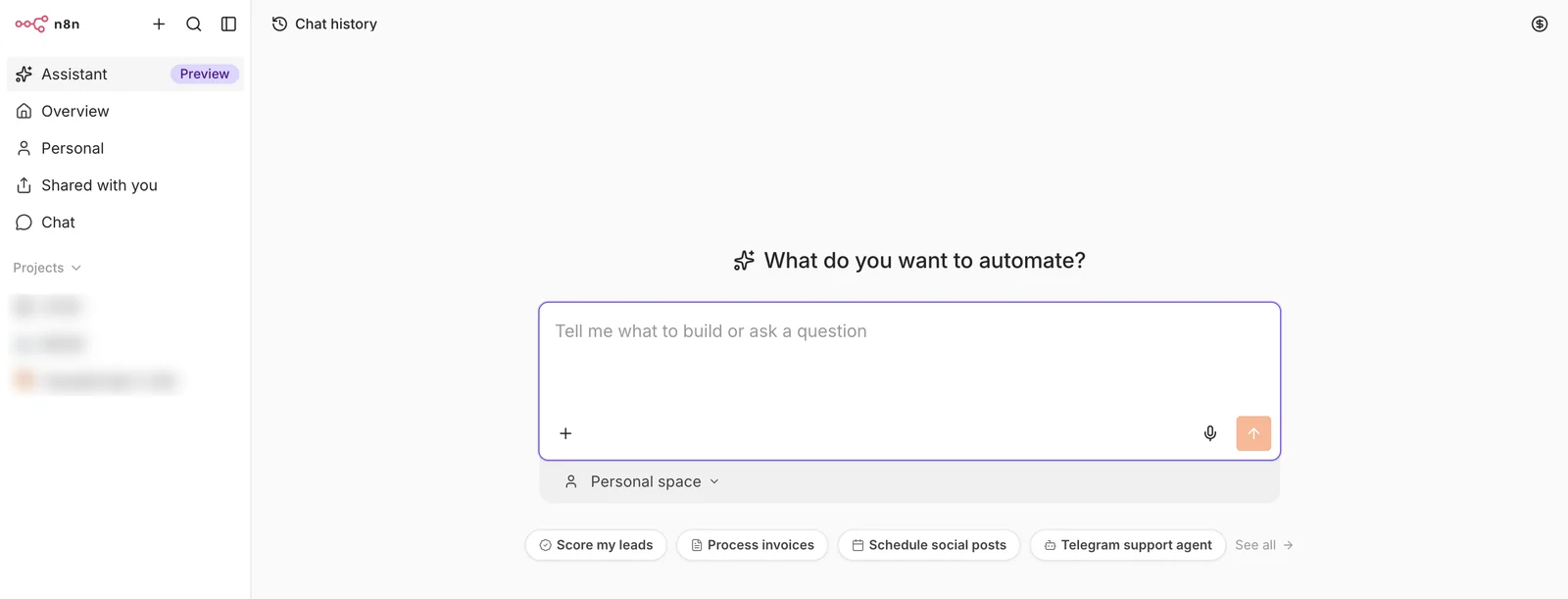 The Assistant screen in the Cloud n8n editor: old logo, with Personal, Shared with you, Chat, Projects and Admin Panel menus