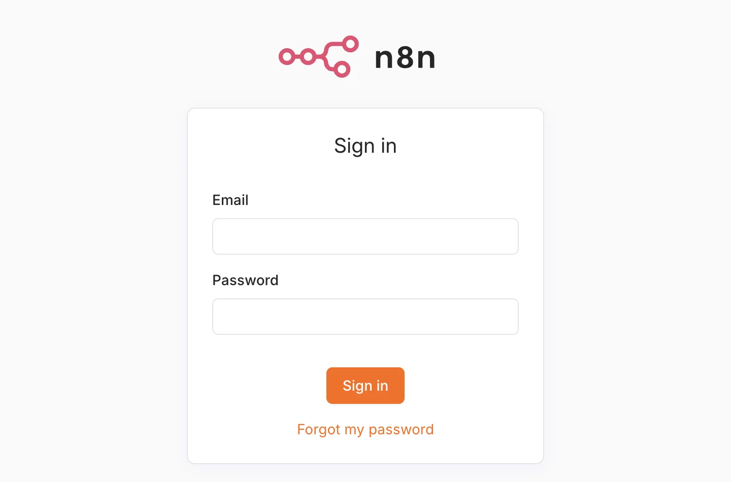 The self-hosted n8n sign-in screen: old n8n logo and orange Sign in button